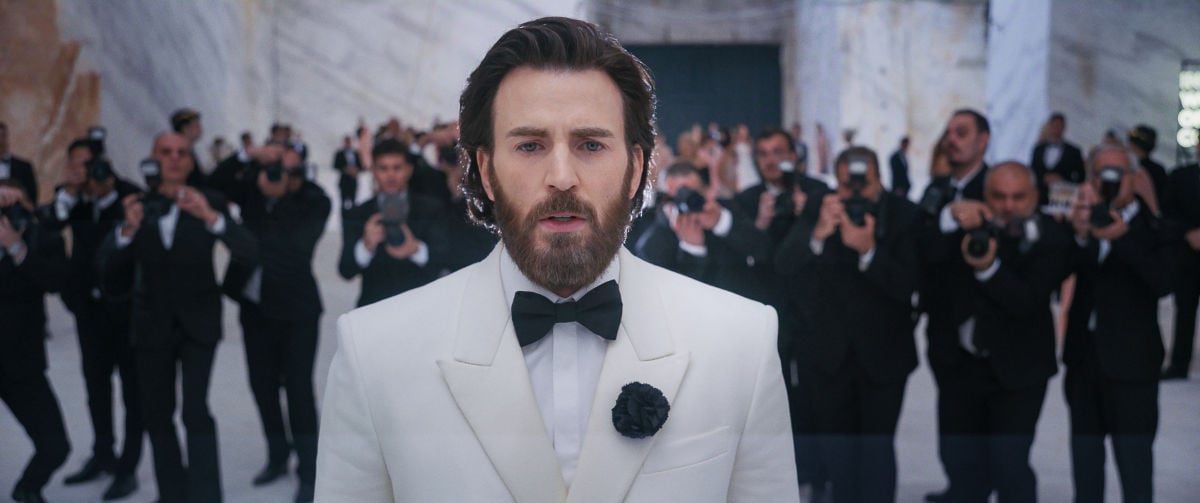 Chris Evans in a white tuxedo