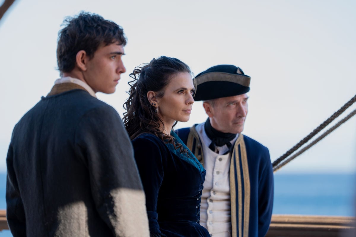 TOM SWEET as JIM HAWKINS, HAYLEY ATWELL as BESS HAWKINS, TRISTAN STURROCK as Captian Smollett