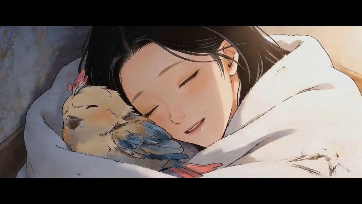Yun Hwa in bed with a bird