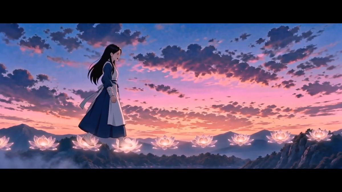 Yun Hwa walking over flowers in the air with the sunset behind her